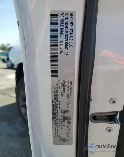 2020 Jeep Cherokee Limited z USA, uszkodzony, nr VIN 1C4PJMDX2LD642193